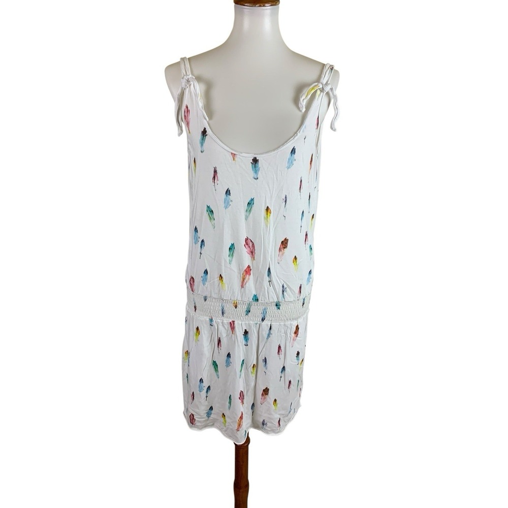 Swildens Feather Print Boho Cottagecore Tie Strap Mini Dress Small